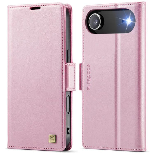 For iPhone Air AutSpace A11 Side Buckle MagSafe Magnetic RFID Phone Leather Case(Rose Gold)