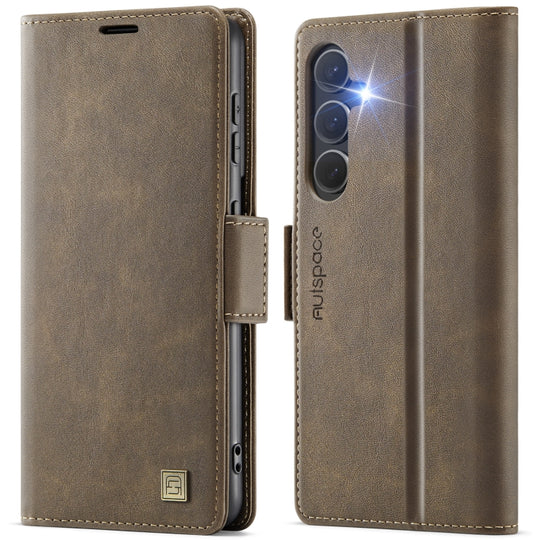 For Samsung Galaxy S24 FE 5G AutSpace A11 Side Buckle MagSafe Magnetic RFID Phone Leather Case(Coffee)