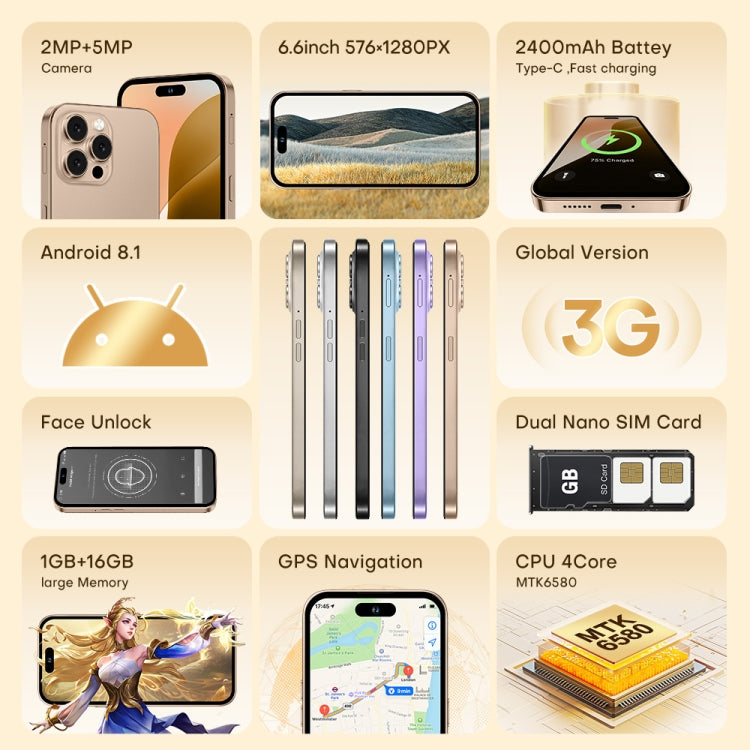 U218 / i16 Pro Max, 1GB+16GB, 6.6 inch Android 8.1 MTK6580A Quad Core, OTG, Network: 3G, Dual SIM, Plug:UK Plug(Desert Gold) -  by buy2fix | Online Shopping UK | buy2fix
