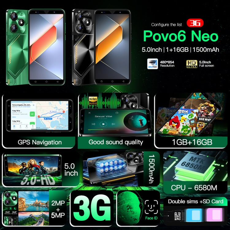 Povo6 Neo / DP29, 1GB+16GB, Face Identification, 5.0 inch Android 8.1 MTK6580M Quad Core, Network: 3G, Dual SIM, Plug:US Plug(Green) -  by buy2fix | Online Shopping UK | buy2fix