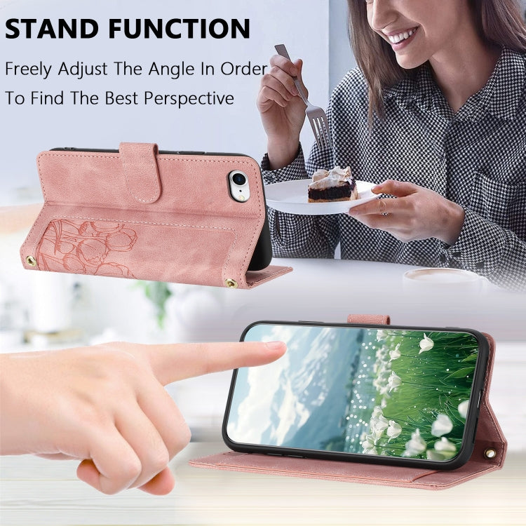 For iPhone 16e Tulips Embossed Leather Phone Case with Lanyard(Pink) - iPhone 16e Cases by buy2fix | Online Shopping UK | buy2fix