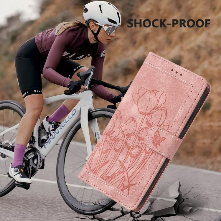 For iPhone 16e Tulips Embossed Leather Phone Case with Lanyard(Pink) - iPhone 16e Cases by buy2fix | Online Shopping UK | buy2fix