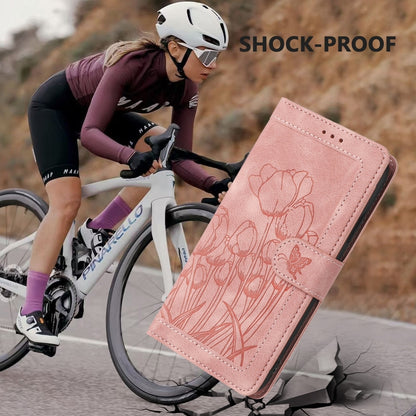 For iPhone 16e Tulips Embossed Leather Phone Case with Lanyard(Pink) - iPhone 16e Cases by buy2fix | Online Shopping UK | buy2fix