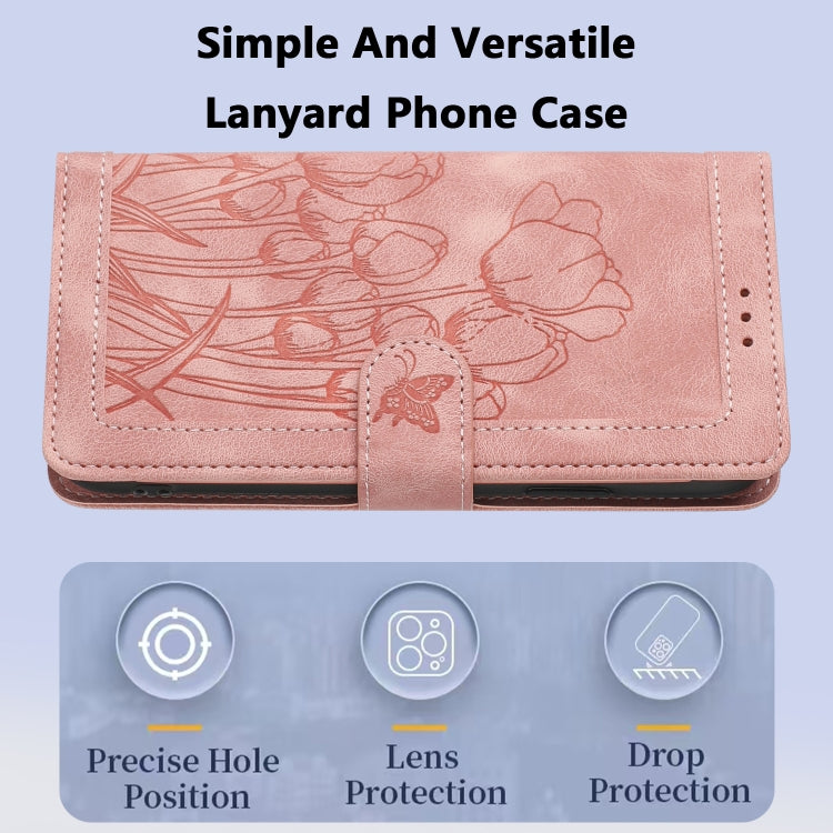 For iPhone 16e Tulips Embossed Leather Phone Case with Lanyard(Pink) - iPhone 16e Cases by buy2fix | Online Shopping UK | buy2fix