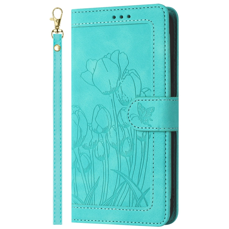 For iPhone 16e Tulips Embossed Leather Phone Case with Lanyard(Green) - iPhone 16e Cases by buy2fix | Online Shopping UK | buy2fix
