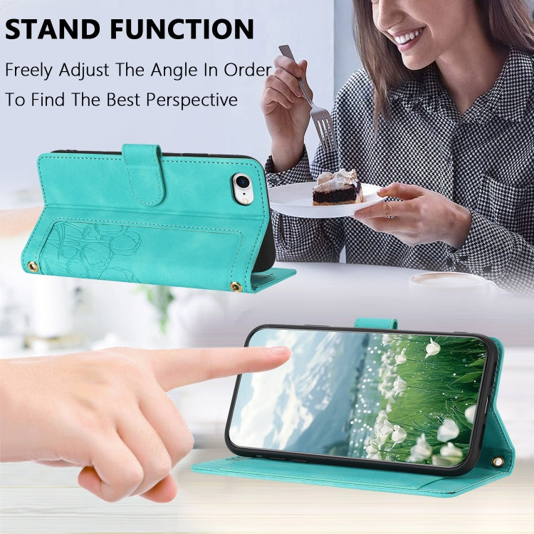 For iPhone 16e Tulips Embossed Leather Phone Case with Lanyard(Green) - iPhone 16e Cases by buy2fix | Online Shopping UK | buy2fix