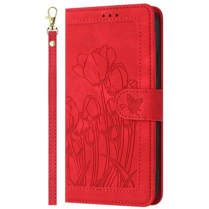 For iPhone 16e Tulips Embossed Leather Phone Case with Lanyard(Red) - iPhone 16e Cases by buy2fix | Online Shopping UK | buy2fix