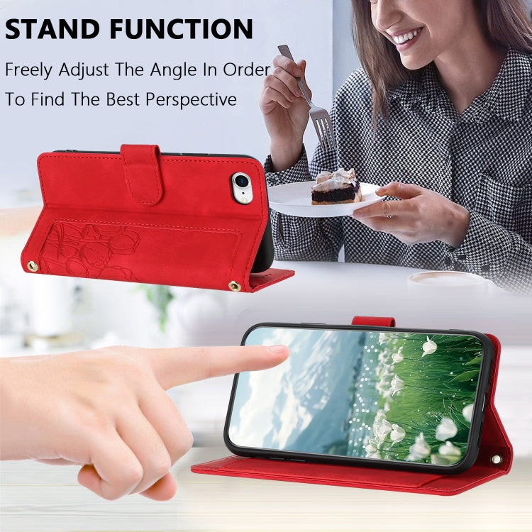 For iPhone 16e Tulips Embossed Leather Phone Case with Lanyard(Red) - iPhone 16e Cases by buy2fix | Online Shopping UK | buy2fix