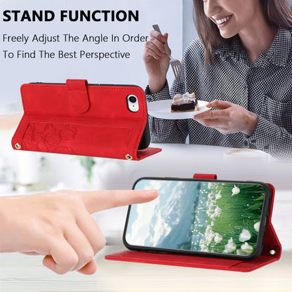 For iPhone 16e Tulips Embossed Leather Phone Case with Lanyard(Red) - iPhone 16e Cases by buy2fix | Online Shopping UK | buy2fix