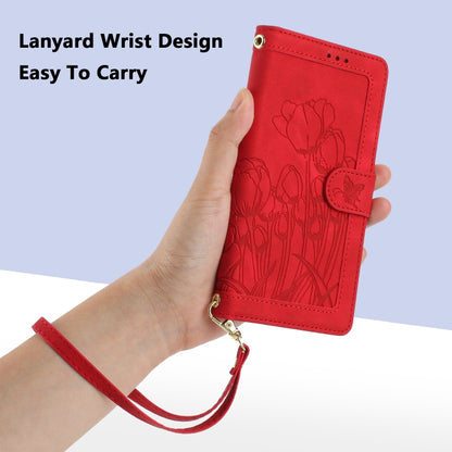 For iPhone 16e Tulips Embossed Leather Phone Case with Lanyard(Red) - iPhone 16e Cases by buy2fix | Online Shopping UK | buy2fix