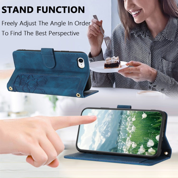 For iPhone 16e Tulips Embossed Leather Phone Case with Lanyard(Blue) - iPhone 16e Cases by buy2fix | Online Shopping UK | buy2fix