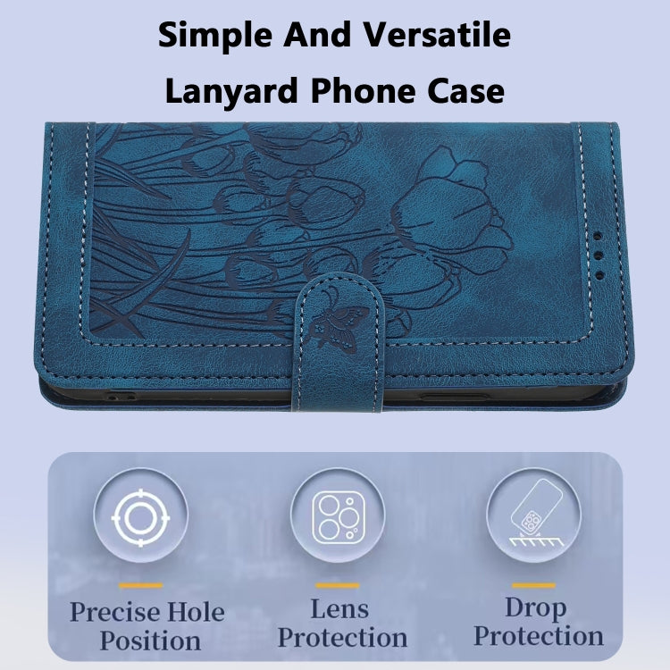 For iPhone 16e Tulips Embossed Leather Phone Case with Lanyard(Blue) - iPhone 16e Cases by buy2fix | Online Shopping UK | buy2fix