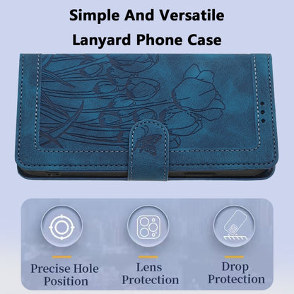 For iPhone 16e Tulips Embossed Leather Phone Case with Lanyard(Blue) - iPhone 16e Cases by buy2fix | Online Shopping UK | buy2fix