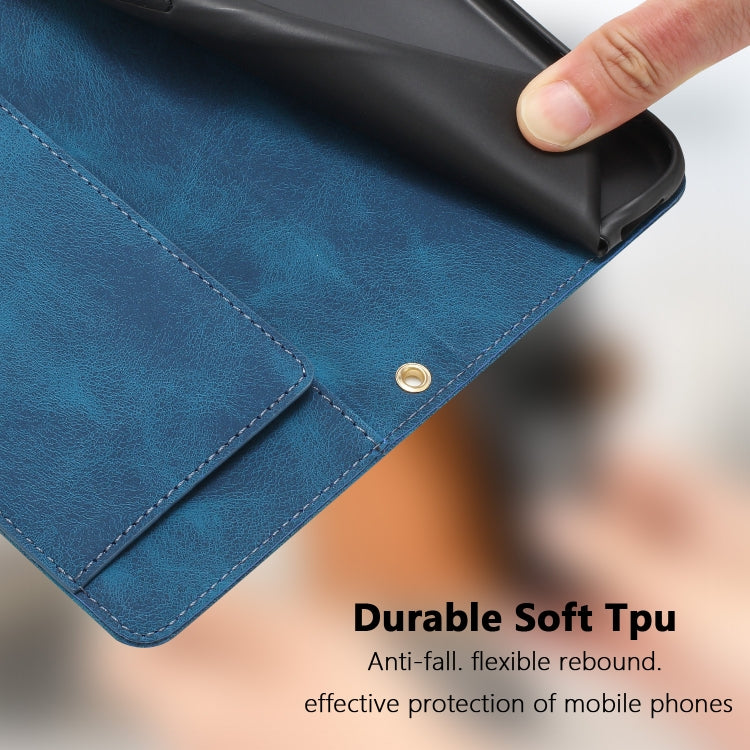 For iPhone 16e Tulips Embossed Leather Phone Case with Lanyard(Blue) - iPhone 16e Cases by buy2fix | Online Shopping UK | buy2fix