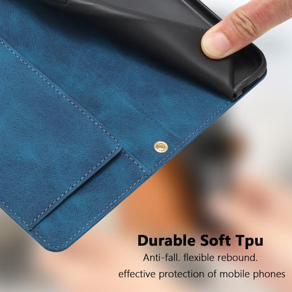 For iPhone 16e Tulips Embossed Leather Phone Case with Lanyard(Blue) - iPhone 16e Cases by buy2fix | Online Shopping UK | buy2fix