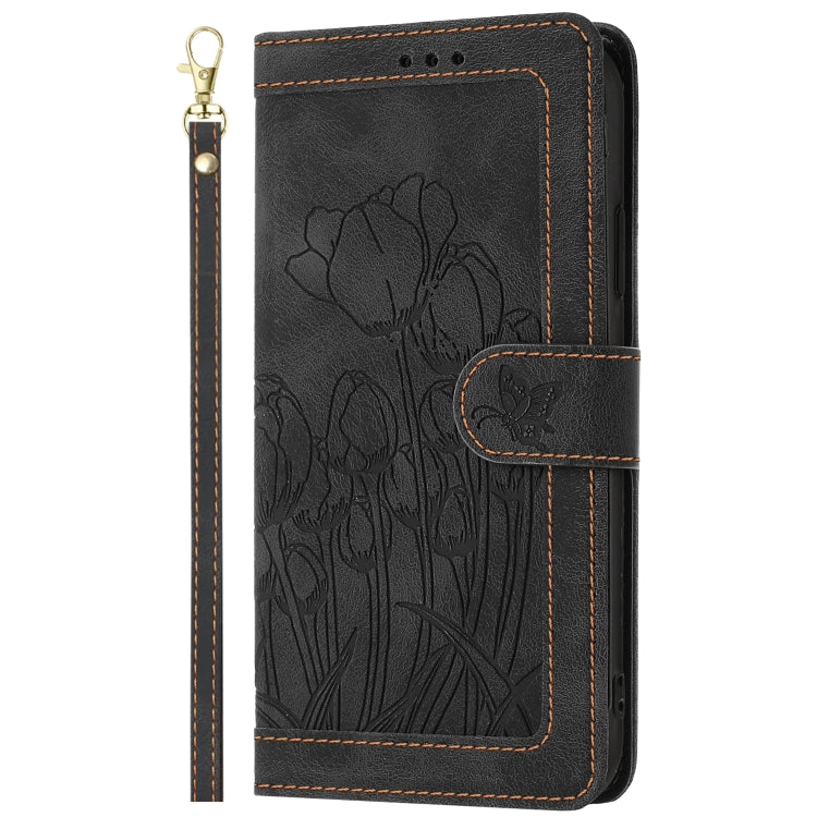 For iPhone 16e Tulips Embossed Leather Phone Case with Lanyard(Black) - iPhone 16e Cases by buy2fix | Online Shopping UK | buy2fix