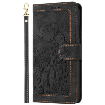 For iPhone 16e Tulips Embossed Leather Phone Case with Lanyard(Black) - iPhone 16e Cases by buy2fix | Online Shopping UK | buy2fix