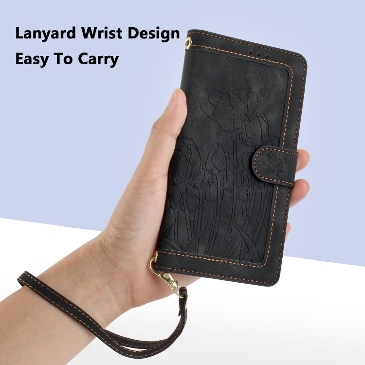 For iPhone 16e Tulips Embossed Leather Phone Case with Lanyard(Black) - iPhone 16e Cases by buy2fix | Online Shopping UK | buy2fix