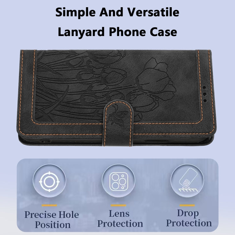 For iPhone 16e Tulips Embossed Leather Phone Case with Lanyard(Black) - iPhone 16e Cases by buy2fix | Online Shopping UK | buy2fix