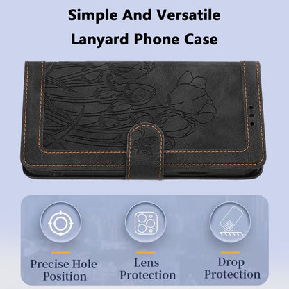For iPhone 16e Tulips Embossed Leather Phone Case with Lanyard(Black) - iPhone 16e Cases by buy2fix | Online Shopping UK | buy2fix