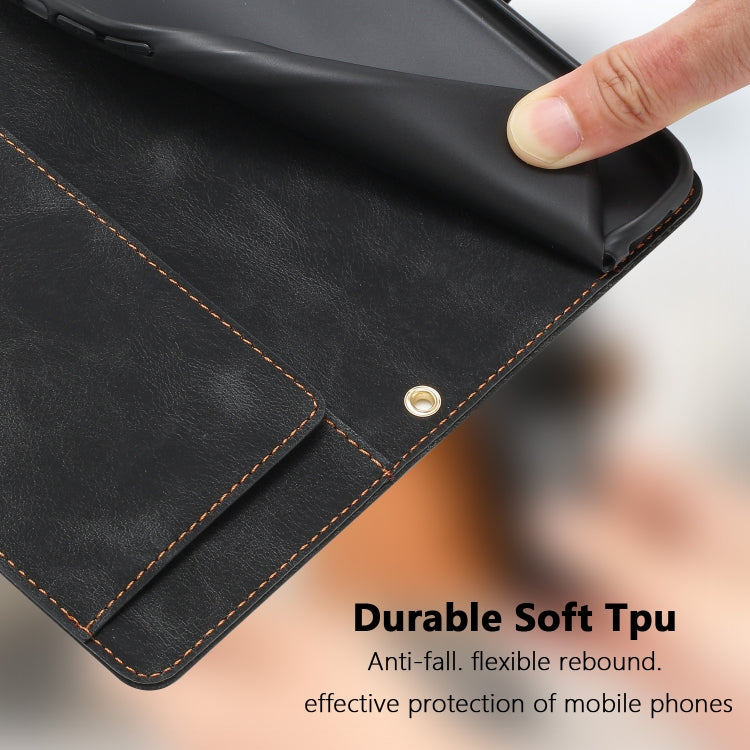 For iPhone 16e Tulips Embossed Leather Phone Case with Lanyard(Black) - iPhone 16e Cases by buy2fix | Online Shopping UK | buy2fix
