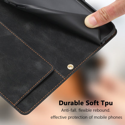 For iPhone 16e Tulips Embossed Leather Phone Case with Lanyard(Black) - iPhone 16e Cases by buy2fix | Online Shopping UK | buy2fix