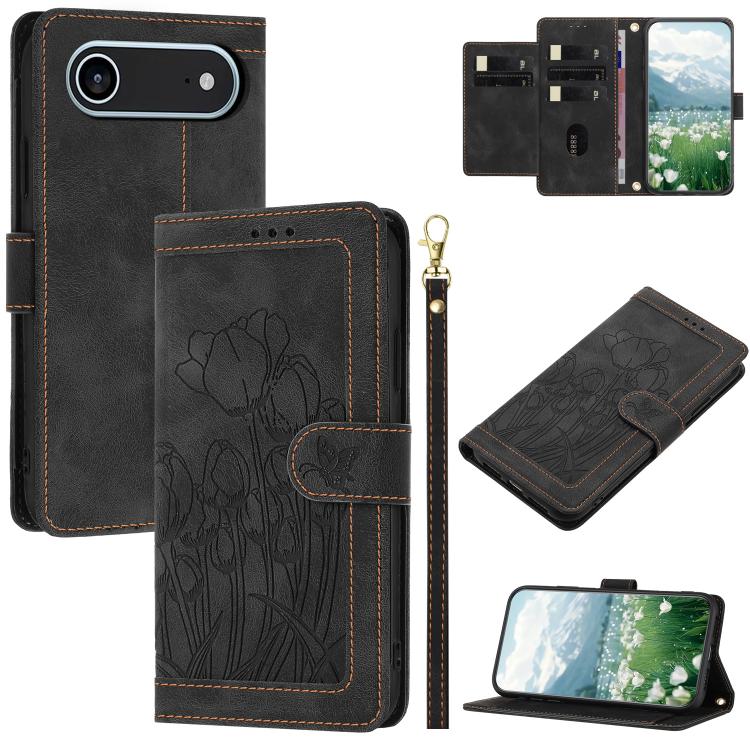For iPhone Air Tulips Embossed Leather Phone Case with Lanyard(Black) - iPhone Air Cases by buy2fix | Online Shopping UK | buy2fix