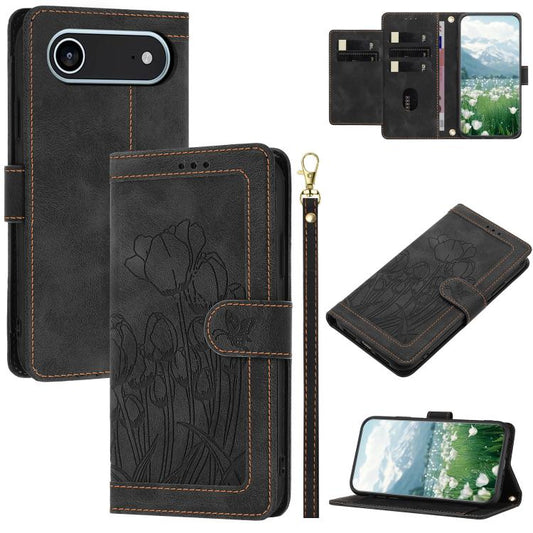 For iPhone Air Tulips Embossed Leather Phone Case with Lanyard(Black) - iPhone Air Cases by buy2fix | Online Shopping UK | buy2fix