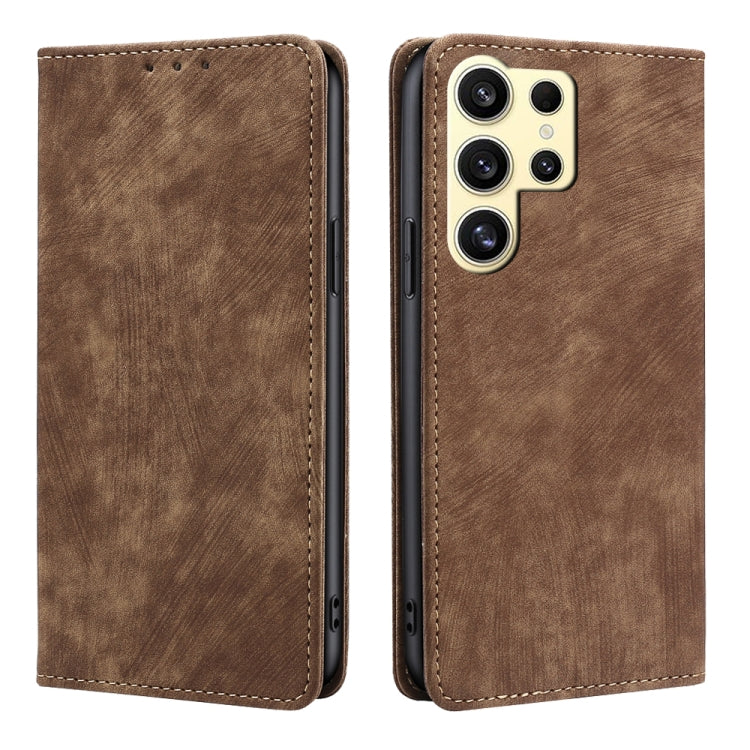 For Samsung Galaxy S25 Ultra 5G RFID Anti-theft Brush Magnetic Leather Phone Case(Brown) - Galaxy S25 Ultra 5G Cases by buy2fix | Online Shopping UK | buy2fix