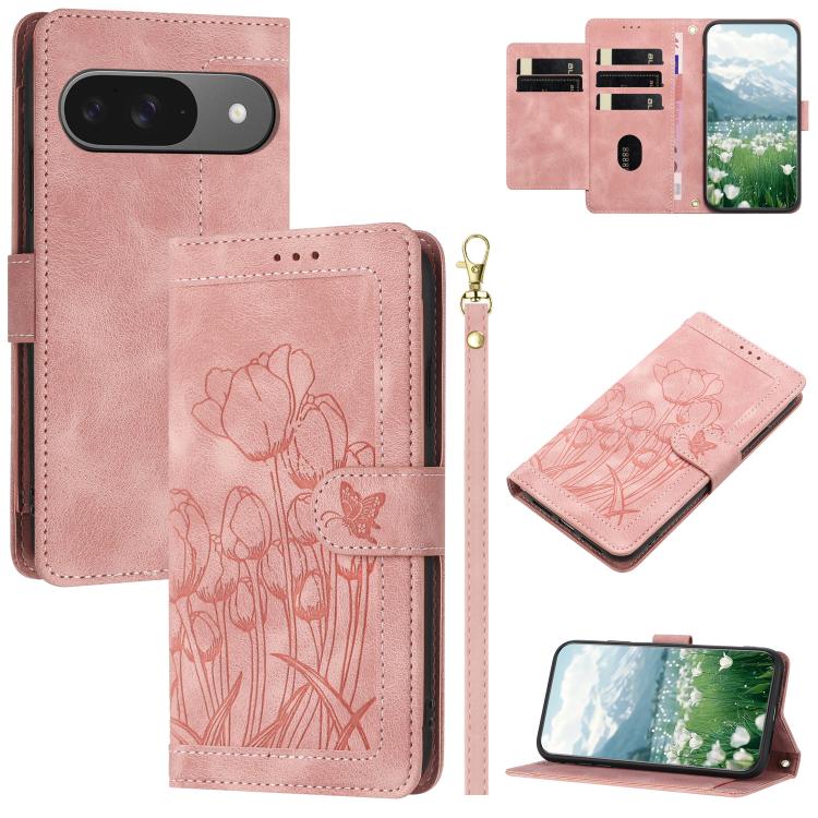 For Google Pixel 10 Tulips Embossed Leather Phone Case with Lanyard(Pink) - Google Cases by buy2fix | Online Shopping UK | buy2fix