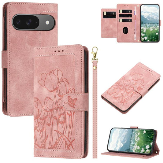 For Google Pixel 10 Tulips Embossed Leather Phone Case with Lanyard(Pink) - Google Cases by buy2fix | Online Shopping UK | buy2fix