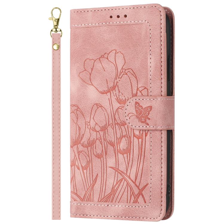 For Google Pixel 10 Tulips Embossed Leather Phone Case with Lanyard(Pink) - Google Cases by buy2fix | Online Shopping UK | buy2fix