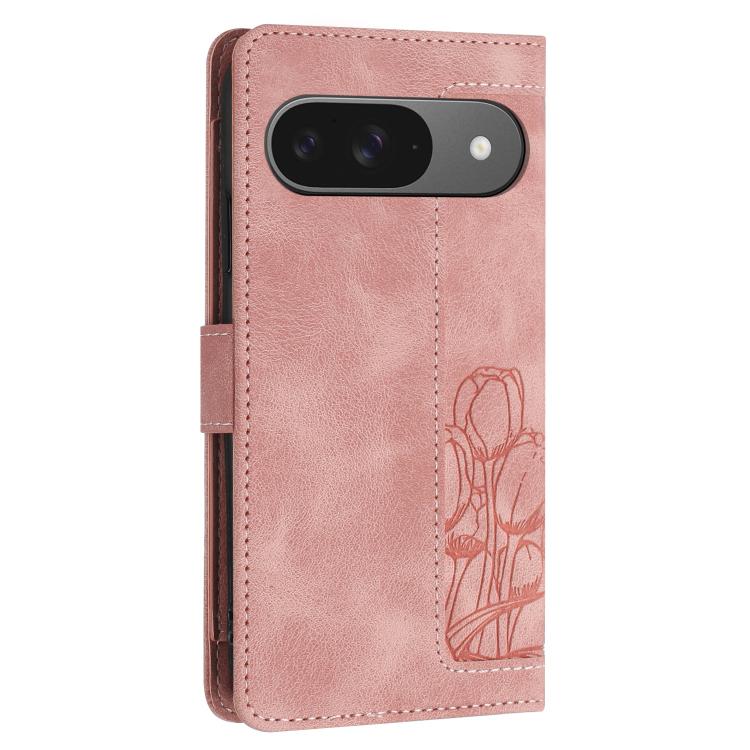 For Google Pixel 10 Tulips Embossed Leather Phone Case with Lanyard(Pink) - Google Cases by buy2fix | Online Shopping UK | buy2fix