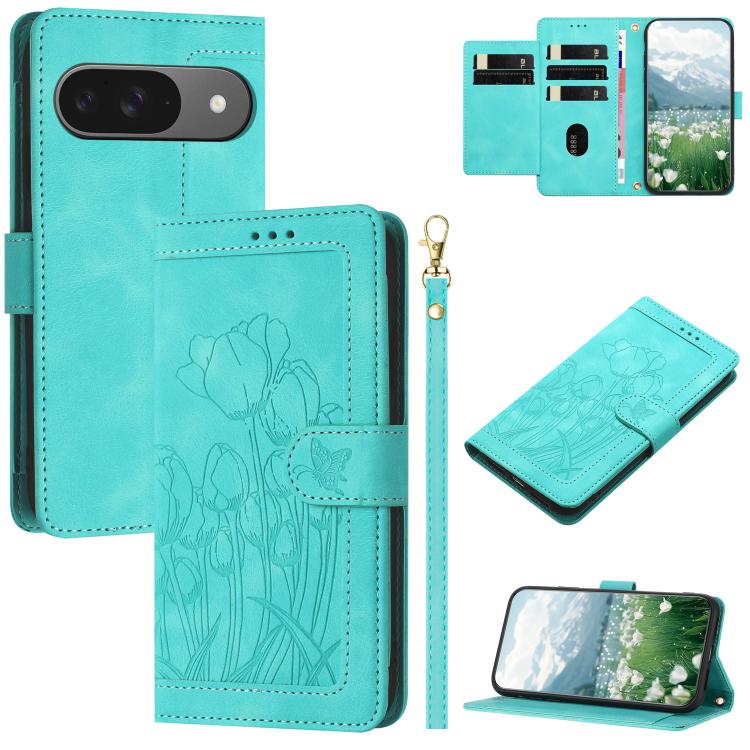 For Google Pixel 10 Tulips Embossed Leather Phone Case with Lanyard(Green) - Google Cases by buy2fix | Online Shopping UK | buy2fix