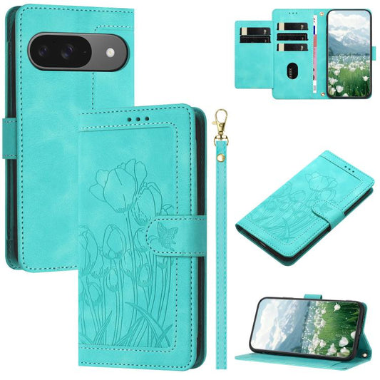 For Google Pixel 10 Tulips Embossed Leather Phone Case with Lanyard(Green) - Google Cases by buy2fix | Online Shopping UK | buy2fix