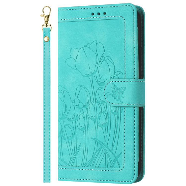 For Google Pixel 10 Tulips Embossed Leather Phone Case with Lanyard(Green) - Google Cases by buy2fix | Online Shopping UK | buy2fix