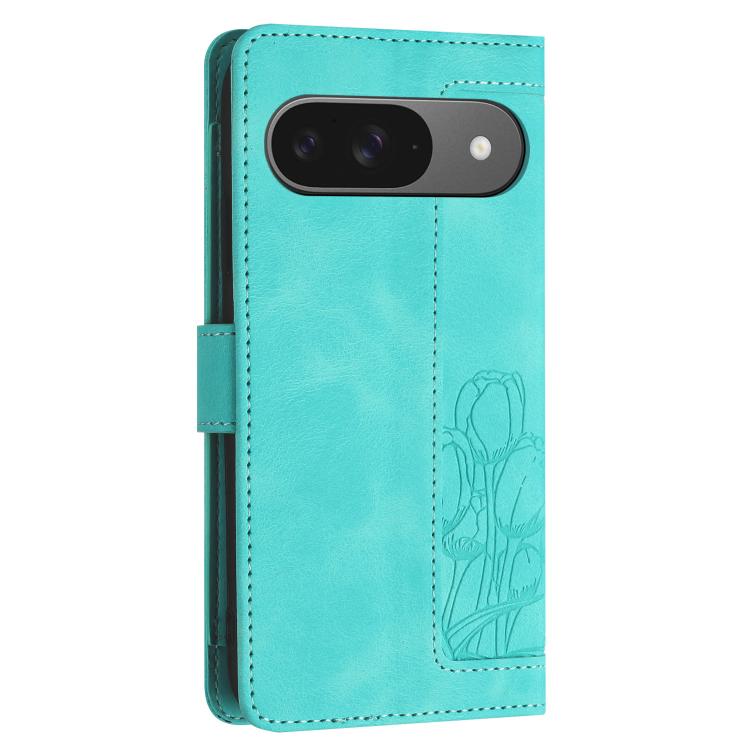 For Google Pixel 10 Tulips Embossed Leather Phone Case with Lanyard(Green) - Google Cases by buy2fix | Online Shopping UK | buy2fix