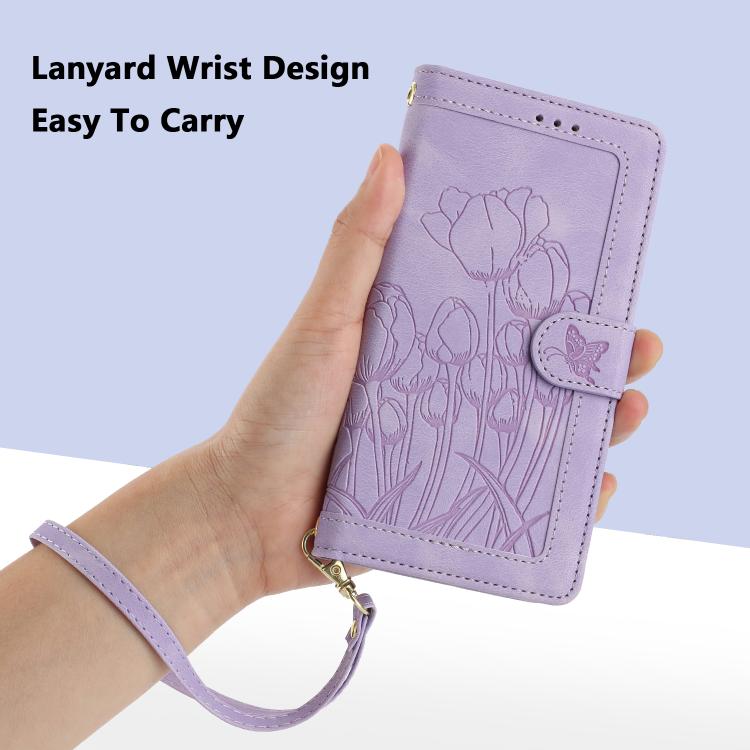 For Google Pixel 10 Tulips Embossed Leather Phone Case with Lanyard(Purple) - Google Cases by buy2fix | Online Shopping UK | buy2fix