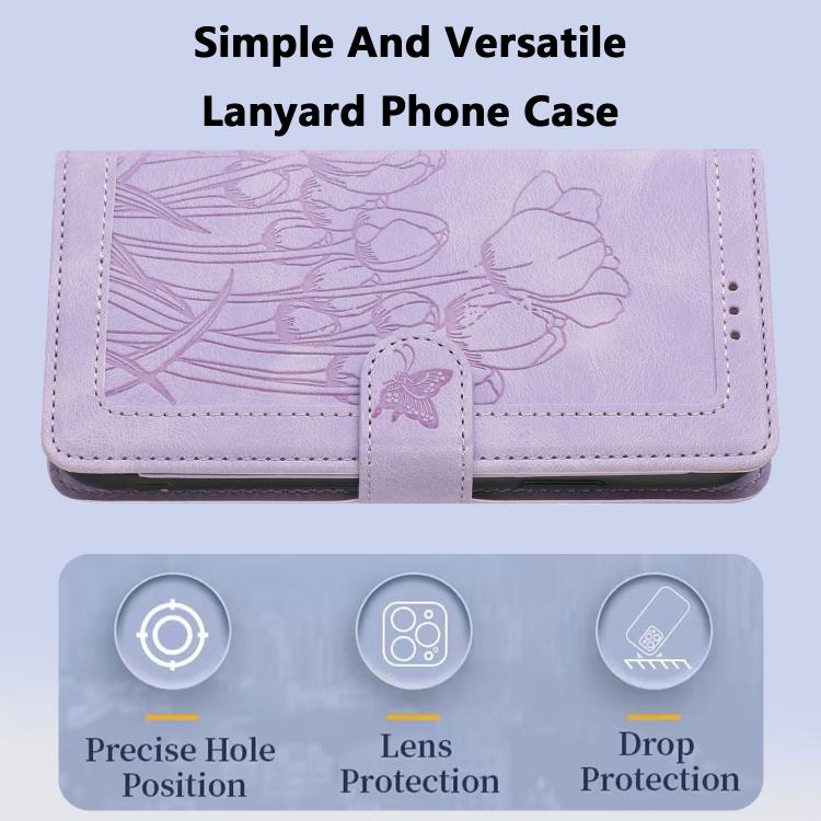 For Google Pixel 10 Tulips Embossed Leather Phone Case with Lanyard(Purple) - Google Cases by buy2fix | Online Shopping UK | buy2fix