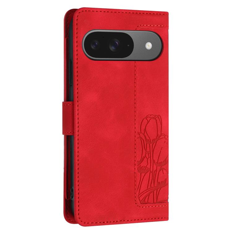 For Google Pixel 10 Tulips Embossed Leather Phone Case with Lanyard(Red) - Google Cases by buy2fix | Online Shopping UK | buy2fix