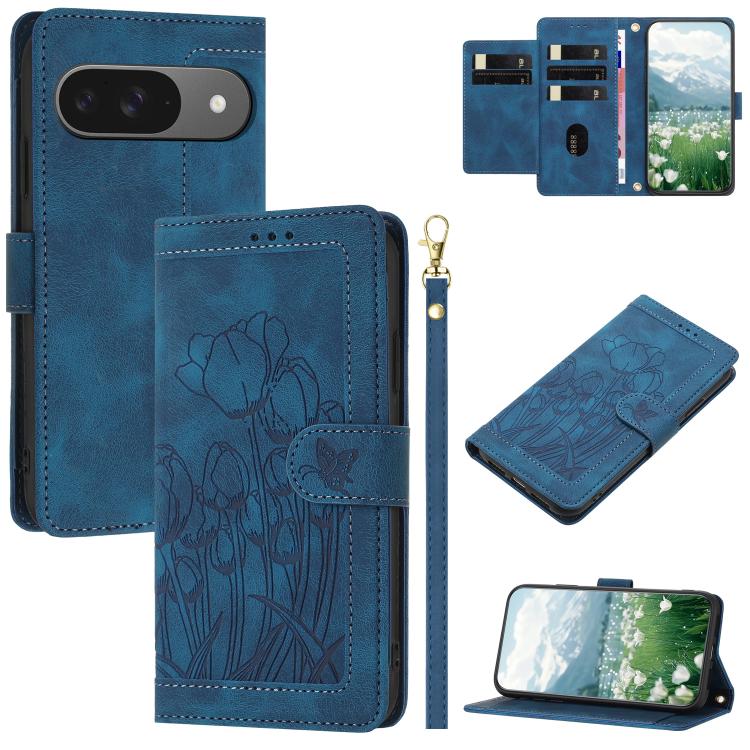 For Google Pixel 10 Tulips Embossed Leather Phone Case with Lanyard(Blue) - Google Cases by buy2fix | Online Shopping UK | buy2fix