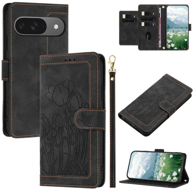 For Google Pixel 10 Tulips Embossed Leather Phone Case with Lanyard(Black) - Google Cases by buy2fix | Online Shopping UK | buy2fix