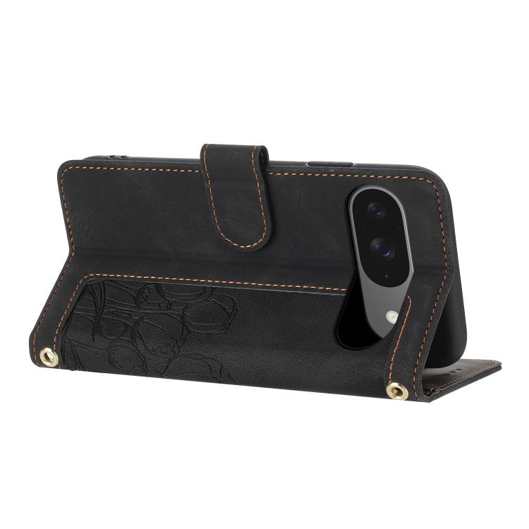 For Google Pixel 10 Tulips Embossed Leather Phone Case with Lanyard(Black) - Google Cases by buy2fix | Online Shopping UK | buy2fix