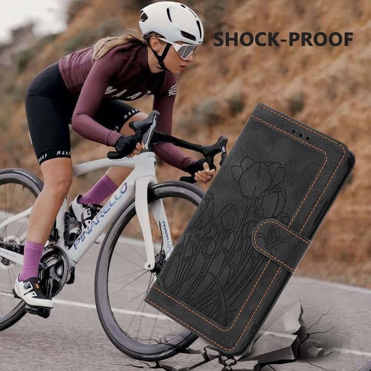 For Google Pixel 10 Tulips Embossed Leather Phone Case with Lanyard(Black) - Google Cases by buy2fix | Online Shopping UK | buy2fix