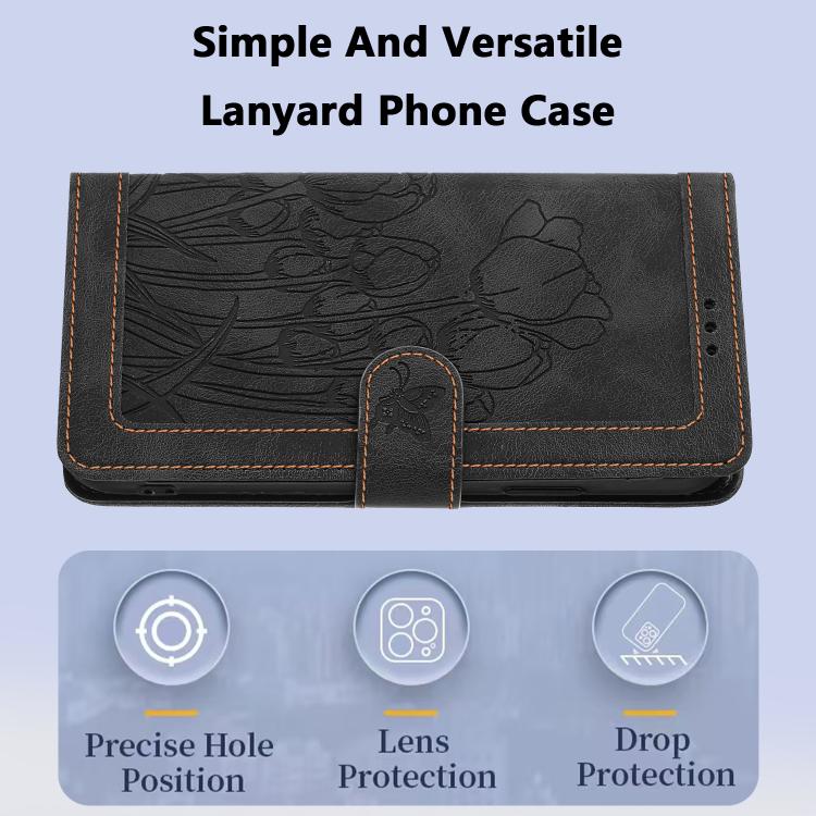 For Google Pixel 10 Tulips Embossed Leather Phone Case with Lanyard(Black) - Google Cases by buy2fix | Online Shopping UK | buy2fix