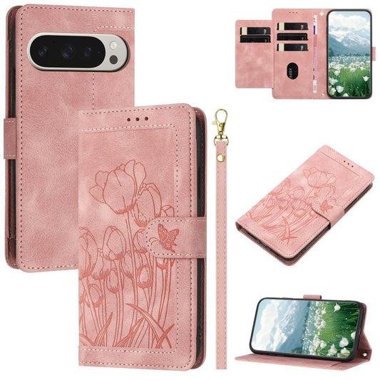 For Google Pixel 10 Pro XL Tulips Embossed Leather Phone Case with Lanyard(Pink) - Google Cases by buy2fix | Online Shopping UK | buy2fix