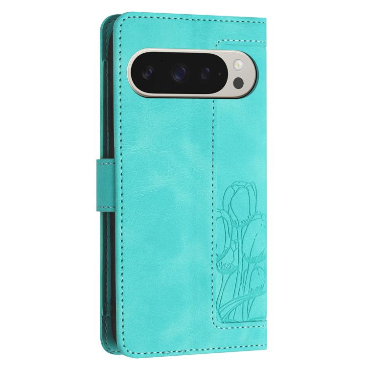 For Google Pixel 10 Pro XL Tulips Embossed Leather Phone Case with Lanyard(Green) - Google Cases by buy2fix | Online Shopping UK | buy2fix