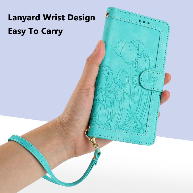 For Google Pixel 10 Pro XL Tulips Embossed Leather Phone Case with Lanyard(Green) - Google Cases by buy2fix | Online Shopping UK | buy2fix