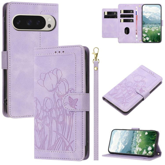 For Google Pixel 10 Pro XL Tulips Embossed Leather Phone Case with Lanyard(Purple) - Google Cases by buy2fix | Online Shopping UK | buy2fix