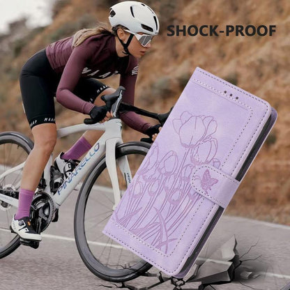 For Google Pixel 10 Pro XL Tulips Embossed Leather Phone Case with Lanyard(Purple) - Google Cases by buy2fix | Online Shopping UK | buy2fix